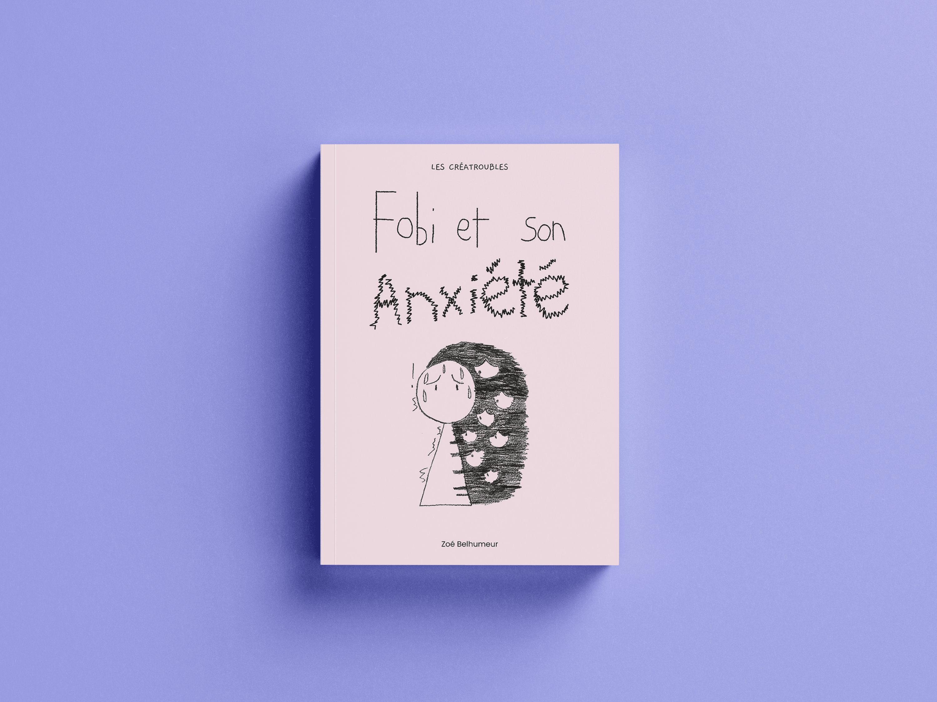 Couverture du livre Fobi et son Anxiété de Zoé Belhumeur avec un personnage dessiné au crayon et une silhouette sombre
