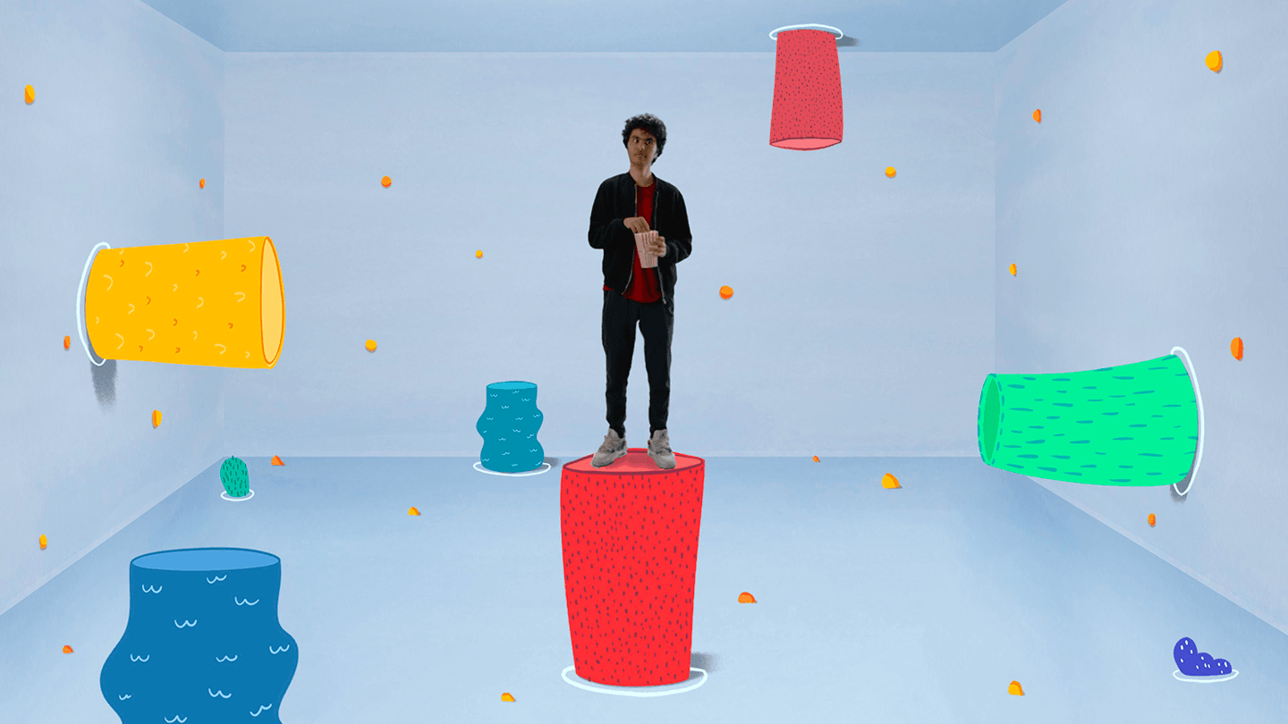 Young person standing on a red pedestal in a blue room surrounded by colorful floating illustrated cylinders