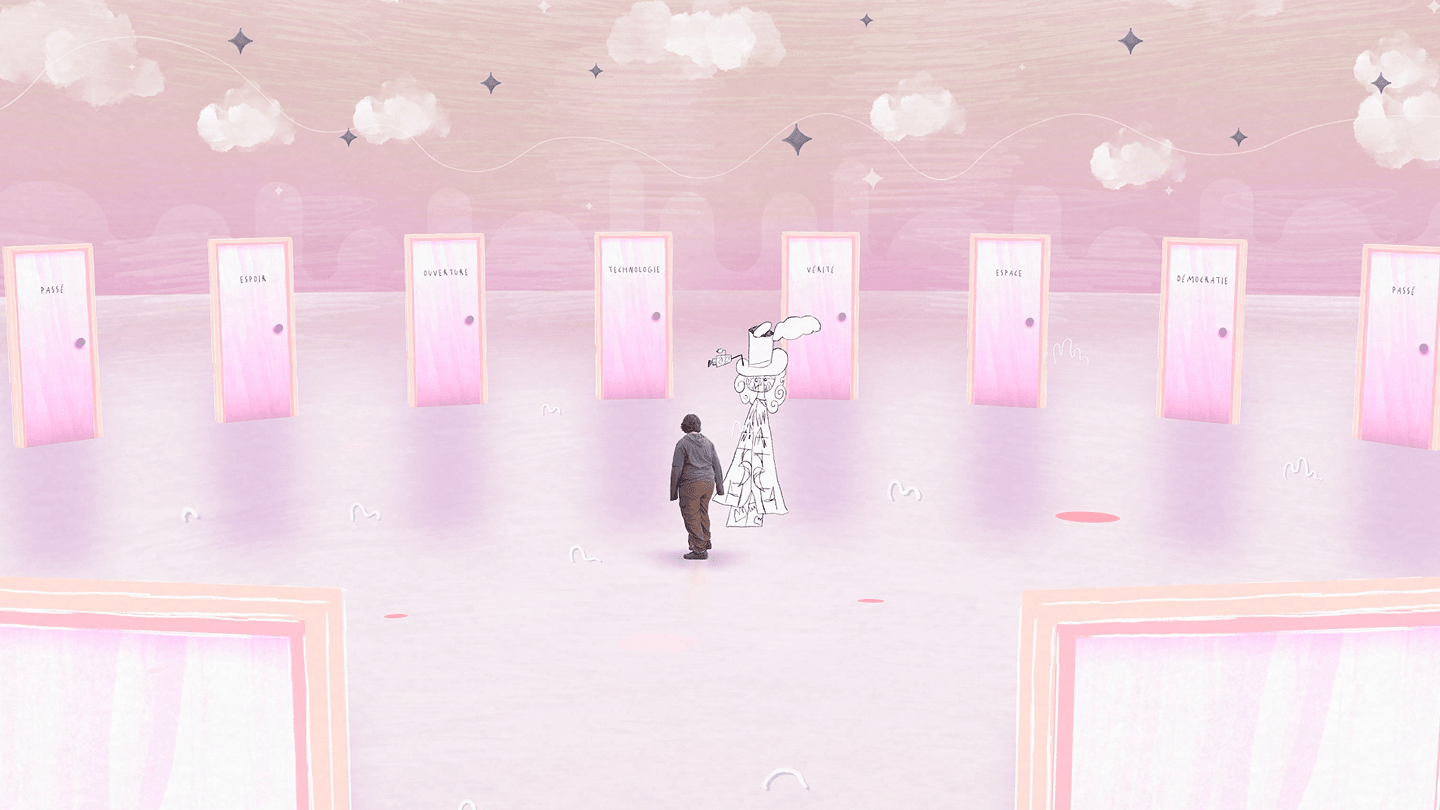 Rendu 3D d'un paysage rose onirique avec des rangées de portes roses, une personne et un personnage esquissé parmi des nuages