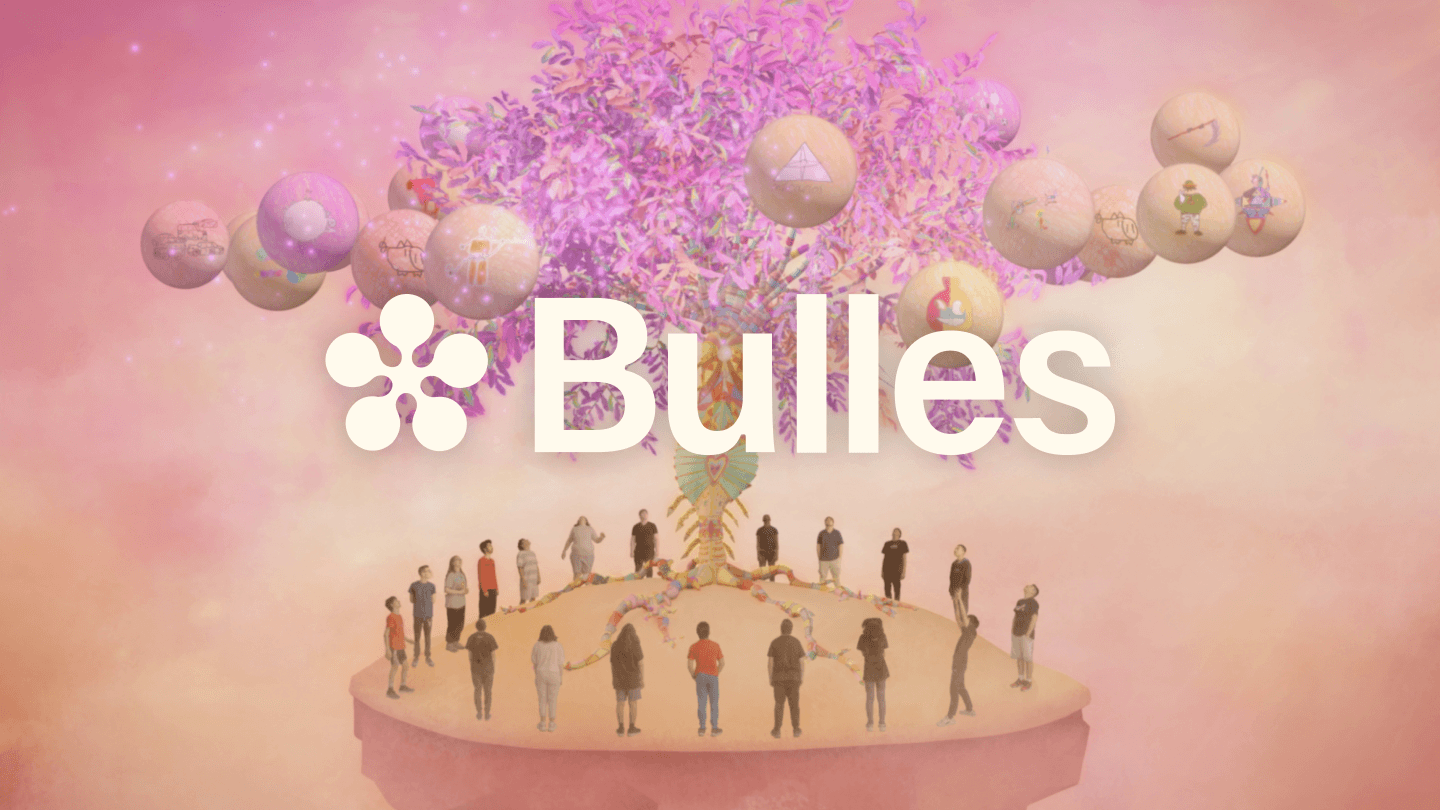 Bulles logo centered over a 3D scene of people around a purple tree with floating illustrated bubbles on a pink sky