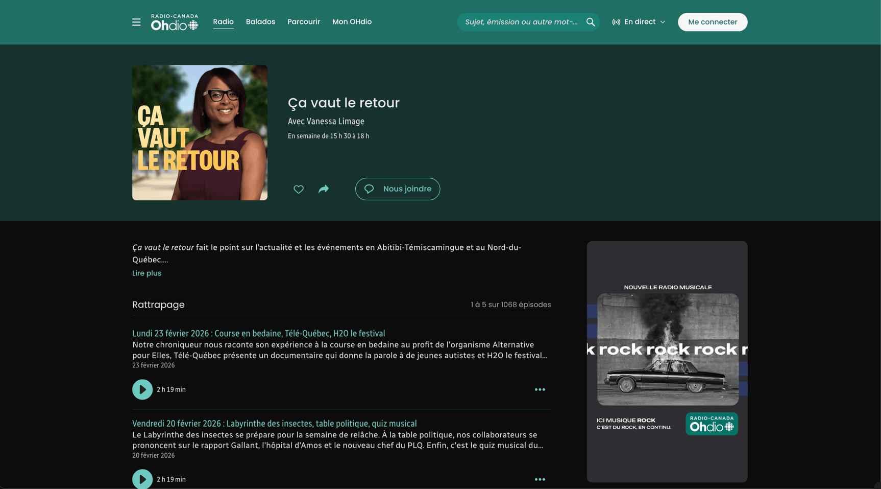 Screenshot of Radio-Canada OHdio page for the Ça vaut le retour radio show with Vanessa Limage