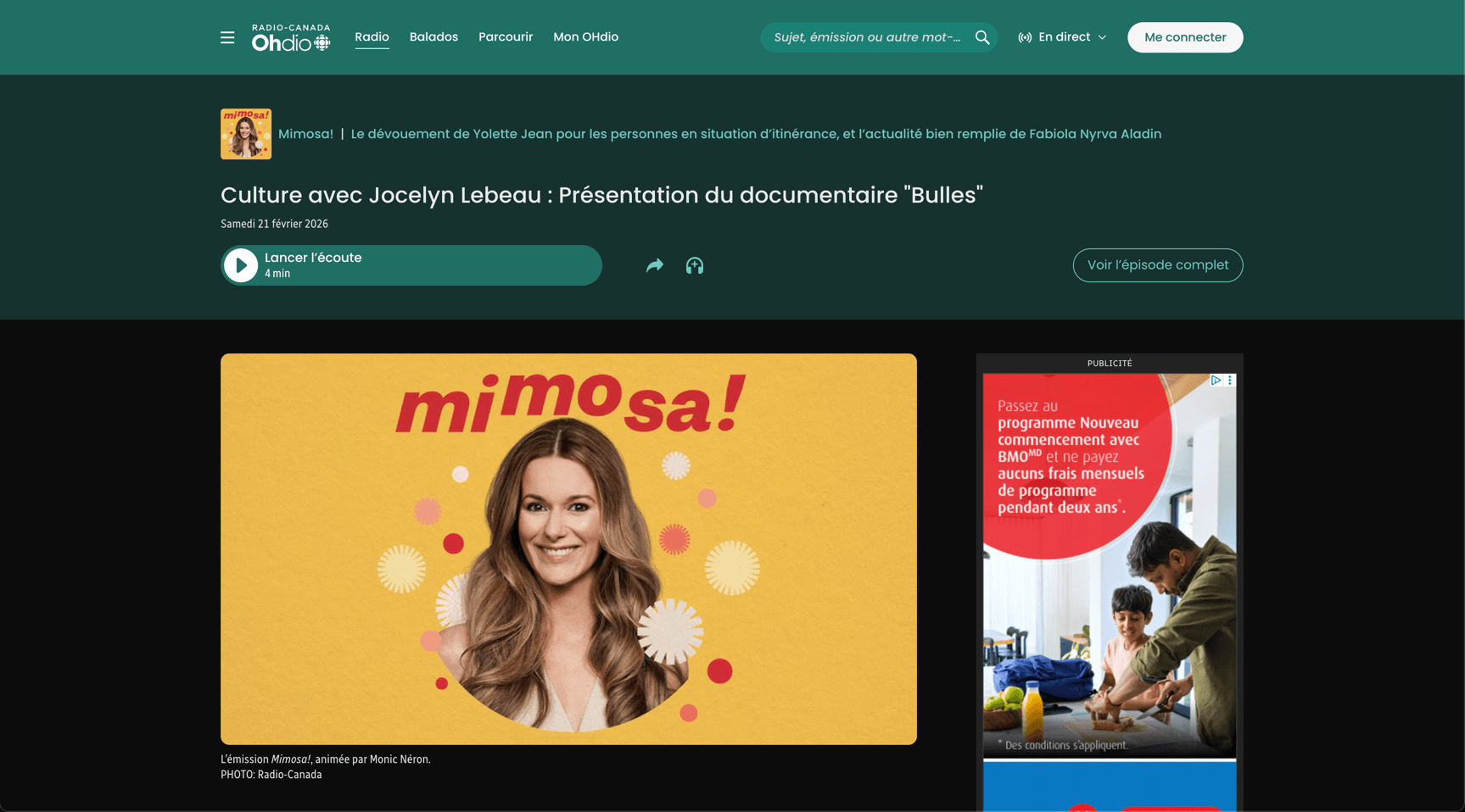 Screenshot of Radio-Canada OHdio page for Mimosa! episode presenting the Bulles documentary