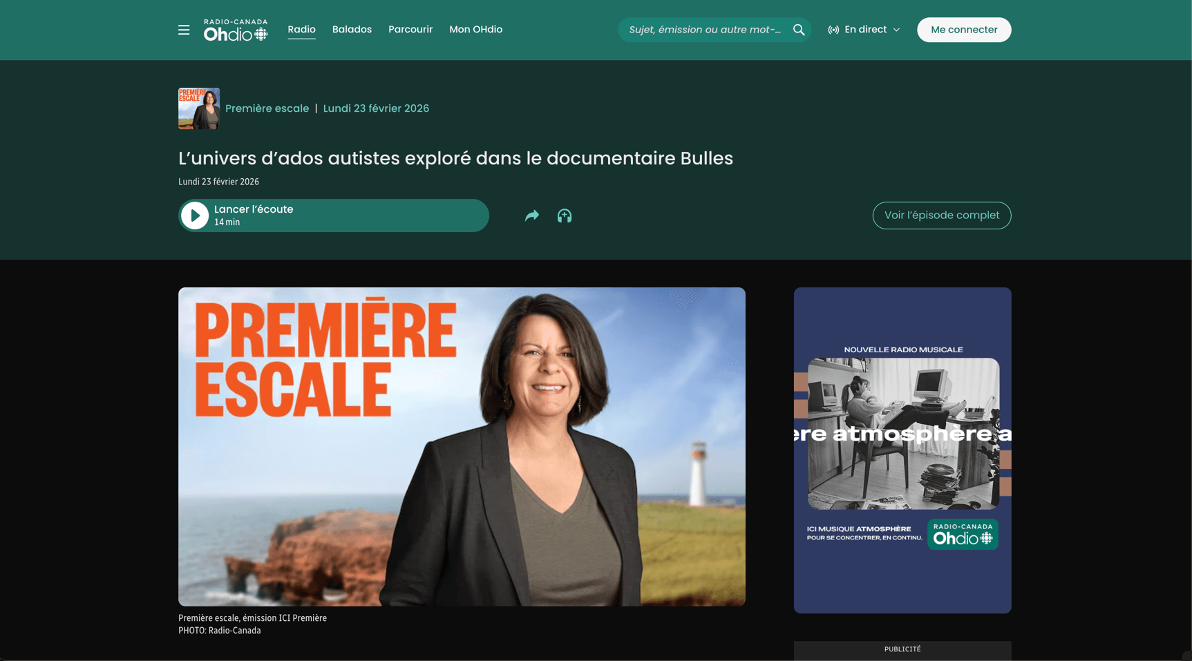 Screenshot of Radio-Canada OHdio page for Première escale episode about the Bulles documentary