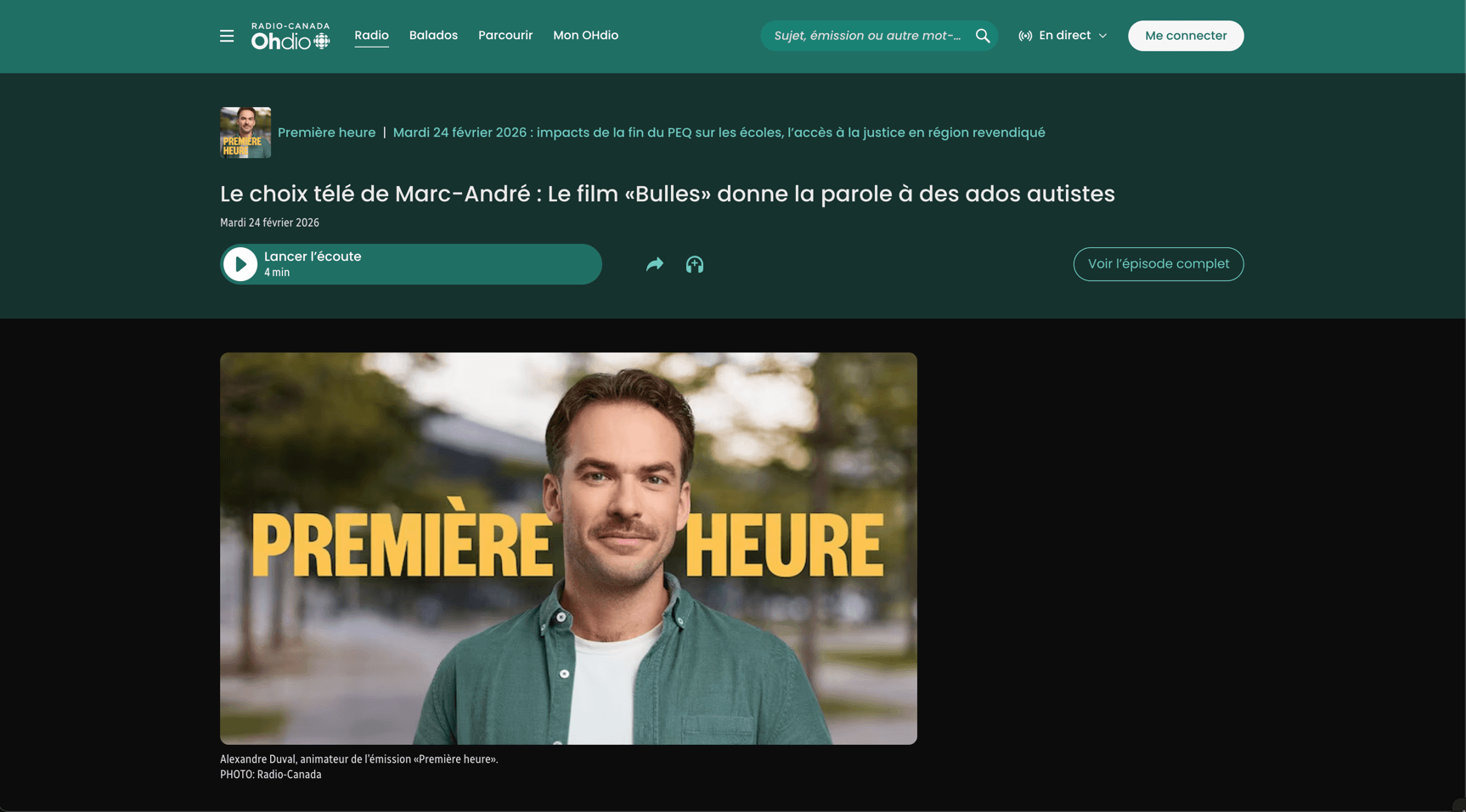 Screenshot of Radio-Canada OHdio page for Première heure episode featuring the Bulles documentary
