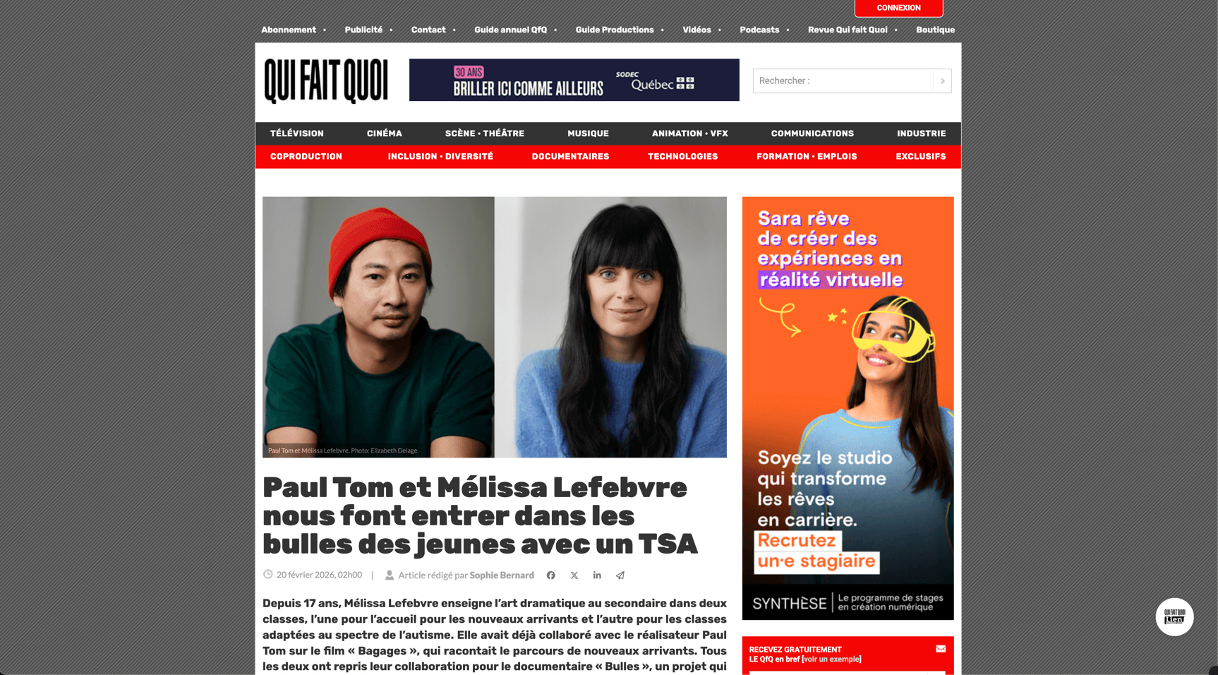 Screenshot of Qui fait quoi article about Paul Tom and Mélissa Lefebvre and the Bulles documentary